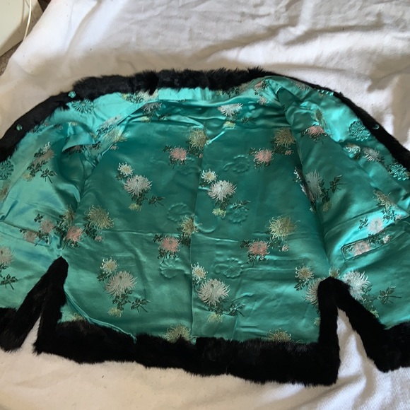 Gorgeous vintage rabbit fur coat turquoise floral silk lining custom made large - Picture 8 of 13